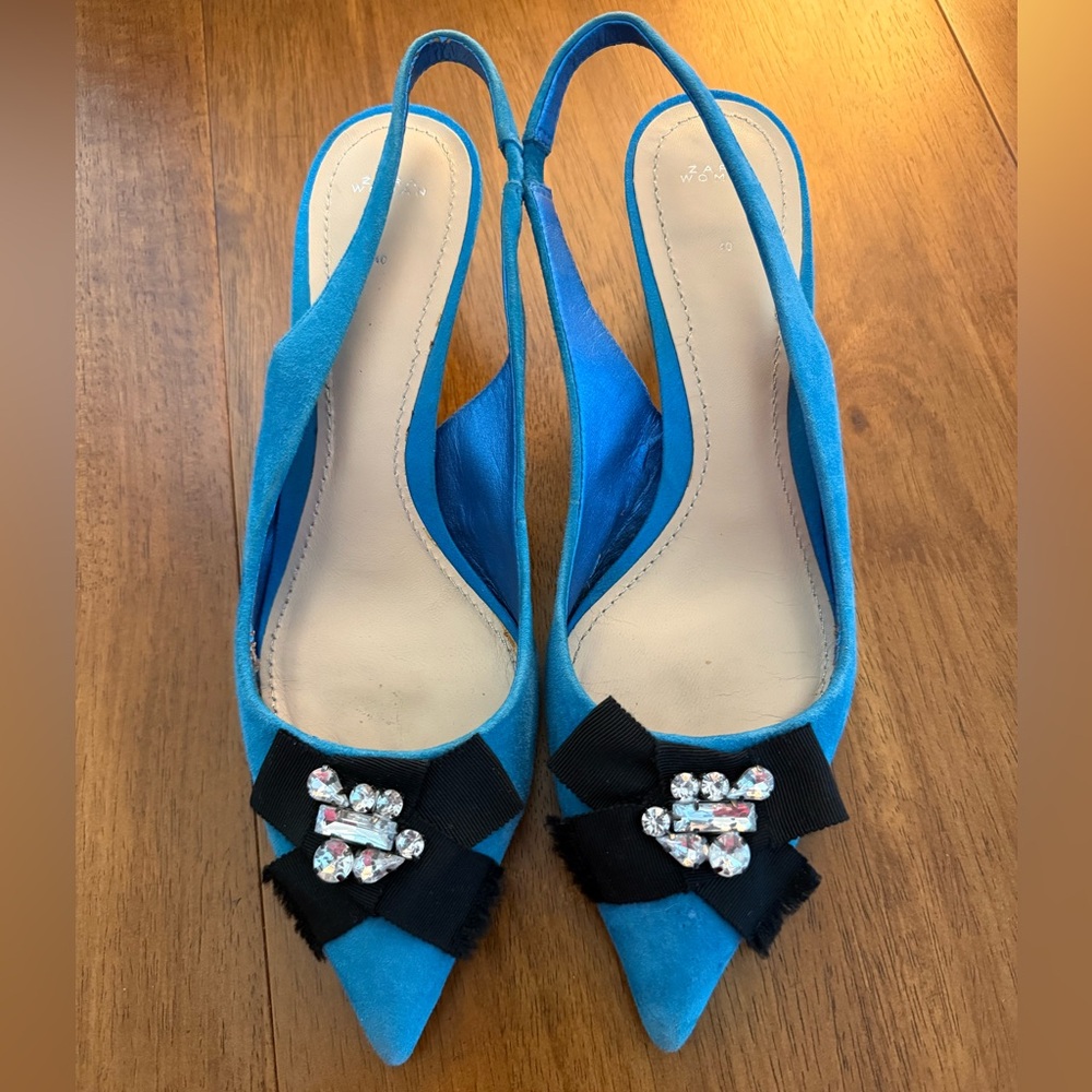 Zara Blue Slingback Heels with Black Bow
